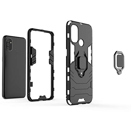 Ytaland for Oneplus Nord N100 Case,with 2 x Tempered Glass Screen Protector. (3 in 1) Shockproof Bumper Defender Protective Phone Cover with Ring Kickstand (Black)