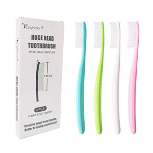 EasyHonor Huge Head Toothbrush, Big Toothbrush, Giant Head Toothbrush, Hard & Firm Toothbrush bristles BPA Free for Proper Dental Care 4 Pack with White Hard Bristles.