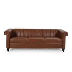christopher knight home drury channel stitch 3 seater sofa with nailhead trim - cognac brown/dark brown