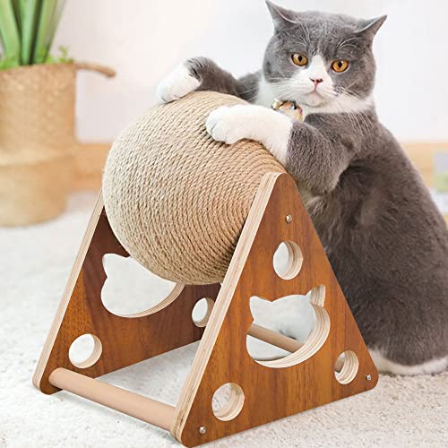 AGYM Cat Scratcher Toy, Natural Sisal Cat Scratching Ball, Cat Scratcher Toy with Ball, Scratching Ball for Cats and Kittens, Interactive Solid Wood Scratcher Pet Toy, Diameter 6.5 Inch