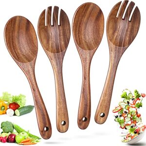 4 pieces 10.2 inch wood salad spoons salad servers wooden serving spoons and long wood serving forks non-stick teak wooden salad server tools for kitchen restaurant salad gravies pasta, easy to clean