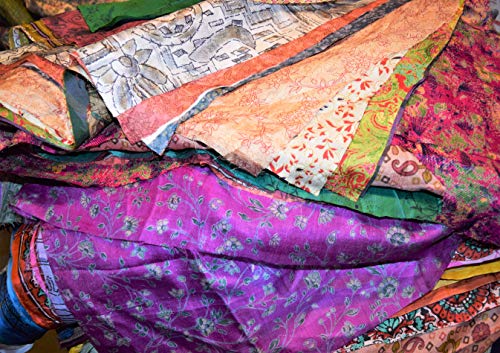 India Huge Lot 100% Pure Silk Print Vintage Sari Fabric remnants Scrap Bundle Quilting Journal Project by Weight 100 gr (8 x 8 inch), Multicolor