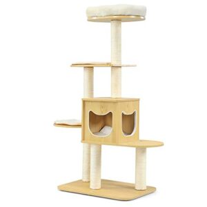 Tangkula Modern Wood Cat Tree, 53 Inches Cat Tower with Platform, Cat Activity Center with Scratching Posts and Washable Cushions, Wooden Cat Condo Furniture for Kittens and Cats (Natural)