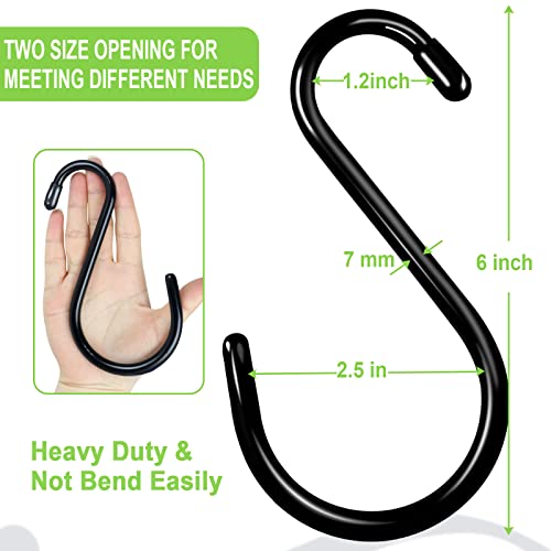 DINGEE 12 Pack S Hooks Heavy Duty Vinyl Coated Large S Hooks 6 inch Non Slip 7mm Thickness S Hooks for Hanging Plants,Sturdy Metal Black S Hooks for Closet,Bird Feeders,Kitchen,Tools,Bikes