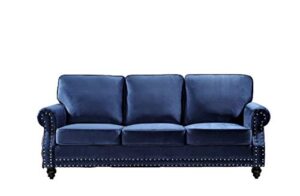 container furniture direct lotus mid century modern velvet upholstered living room rolled arms, sofa, cobalt blue