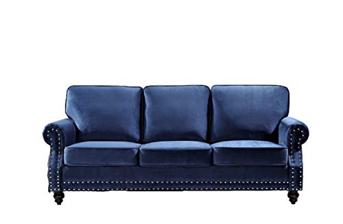 Container Furniture Direct Lotus Mid Century Modern Velvet Upholstered Living Room Rolled Arms, Sofa, Cobalt Blue