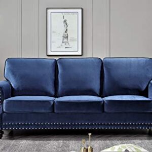 Container Furniture Direct Lotus Mid Century Modern Velvet Upholstered Living Room Rolled Arms, Sofa, Cobalt Blue