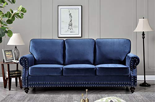 Container Furniture Direct Lotus Mid Century Modern Velvet Upholstered Living Room Rolled Arms, Sofa, Cobalt Blue
