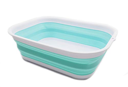 SAMMART 12L (3.17 Gallon) Collapsible Tub - Foldable Dish Tub - Portable Washing Basin - Space Saving Plastic Washtub (2, White/Lake Green)