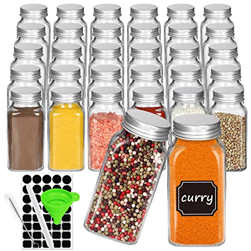 DHSBTLS 30 Pcs Glass Spice Jars with Spice Labels,6oz Empty Square Spice Bottles with Shaker Lids and Airtight Metal Caps,Chalk Marker and Silicone Collapsible Funnel Included