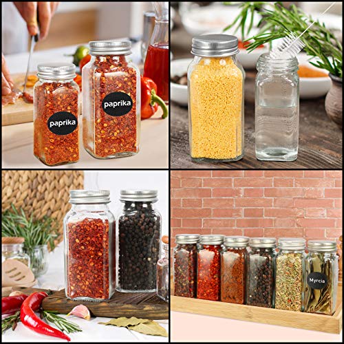 DHSBTLS 30 Pcs Glass Spice Jars with Spice Labels,6oz Empty Square Spice Bottles with Shaker Lids and Airtight Metal Caps,Chalk Marker and Silicone Collapsible Funnel Included