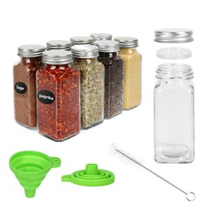 DHSBTLS 30 Pcs Glass Spice Jars with Spice Labels,6oz Empty Square Spice Bottles with Shaker Lids and Airtight Metal Caps,Chalk Marker and Silicone Collapsible Funnel Included