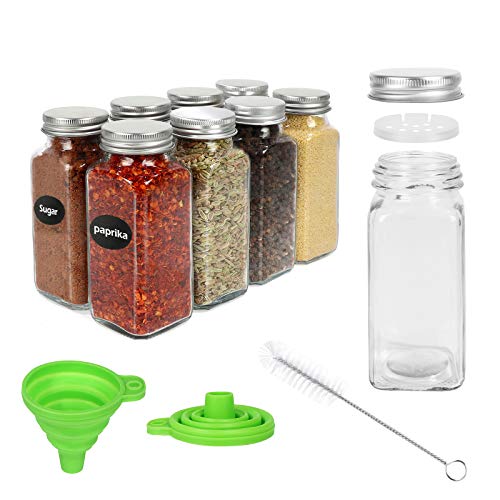 DHSBTLS 30 Pcs Glass Spice Jars with Spice Labels,6oz Empty Square Spice Bottles with Shaker Lids and Airtight Metal Caps,Chalk Marker and Silicone Collapsible Funnel Included