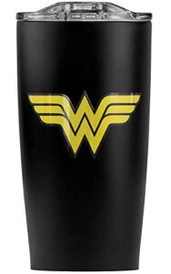 dc comics wonder woman classic w logo stainless steel tumbler 20 oz coffee travel mug/cup, vacuum insulated & double wall with leakproof sliding lid | great for hot drinks and cold beverages