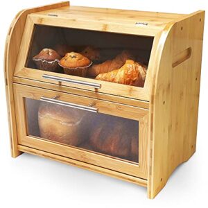arise stylish bamboo bread box for kitchen countertop, extra large 2-shelf wooden bread storage with clear windows and air vents keeps bread, bagels and rolls fresh, self assembly
