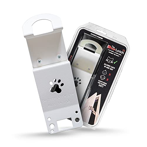 TheDoorLatch Cat Door Strap and Latch, Sturdy Door Holder for Keeping Dogs and Kids Out of Rooms, Litter Boxes, and Food, White Powder Coated Cat Door Latch, 3.5 to 4.5 Inches Opening