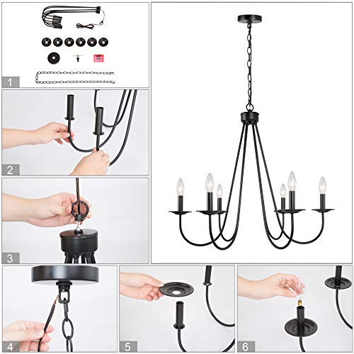 LALUZ Black Chandelier, 6-Light Farmhouse Chandelier for Dining Rooms, Bedroom, Living Room, 28’’ W x 24.5’’ H