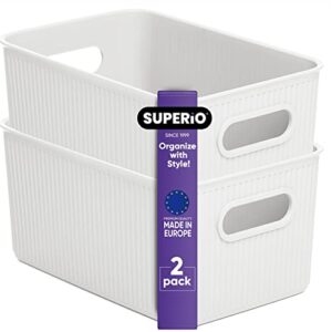 superio ribbed collection - decorative plastic open home storage bins organizer baskets, medium white (2 pack) container boxes for organizing closet shelves drawer shelf 5 liter