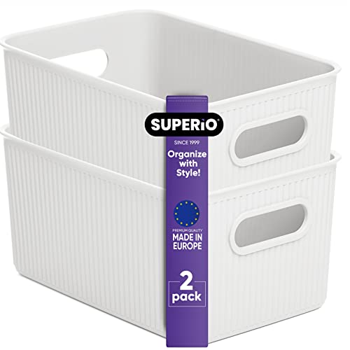 Superio Ribbed Collection - Decorative Plastic Open Home Storage Bins Organizer Baskets, Medium White (2 Pack) Container Boxes for Organizing Closet Shelves Drawer Shelf 5 Liter