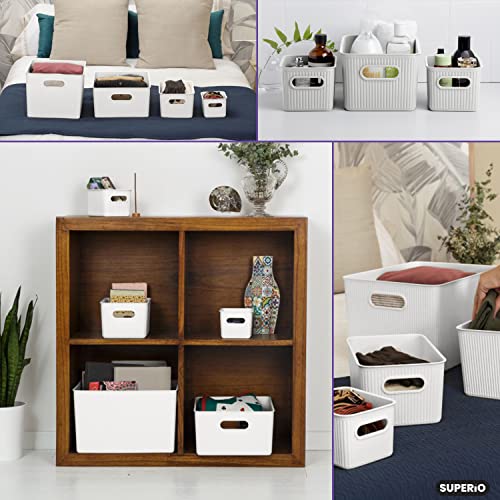 Superio Ribbed Collection - Decorative Plastic Open Home Storage Bins Organizer Baskets, Medium White (2 Pack) Container Boxes for Organizing Closet Shelves Drawer Shelf 5 Liter