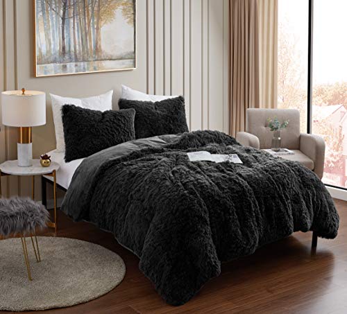 Sweet Home Collection Plush Shaggy Comforter Set Ultra Soft Luxurious Faux Fur Decorative Fluffy Crystal Velvet Bedding with 2 Shams, King, Black