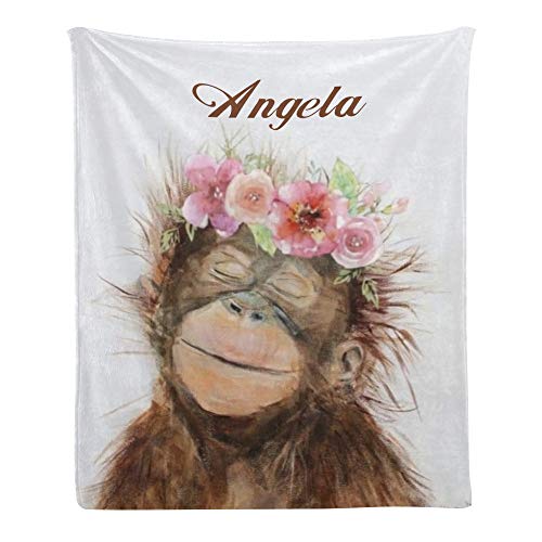 CUXWEOT Custom Blanket Personalized Animal Monkey Soft Fleece Throw Blanket with Name for Gifts Sofa Bed (50 X 60 inches)