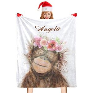 CUXWEOT Custom Blanket Personalized Animal Monkey Soft Fleece Throw Blanket with Name for Gifts Sofa Bed (50 X 60 inches)