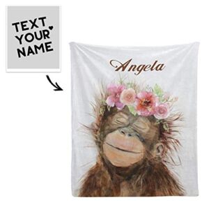 CUXWEOT Custom Blanket Personalized Animal Monkey Soft Fleece Throw Blanket with Name for Gifts Sofa Bed (50 X 60 inches)