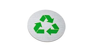 2" round, metal recycle signs | recycle bin marker | sign for recycling basket | brushed silver aluminum with green recycle symbol | signs for sustainability