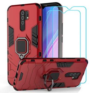 ytaland for xiaomi redmi 9 case,with 2 x tempered glass screen protector. (3 in 1) shockproof bumper defender protective phone cover with ring kickstand (wine red)