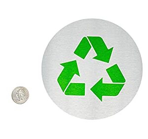 Metal Recycle Signs | 5.5" Round, Recycle Bin Marker | Metal Sign for Recycling Basket | Brushed Silver Aluminum with Green Recycle Symbol - Made in The USA