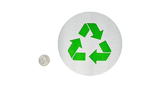 Metal Recycle Signs | 5.5" Round, Recycle Bin Marker | Metal Sign for Recycling Basket | Brushed Silver Aluminum with Green Recycle Symbol - Made in The USA