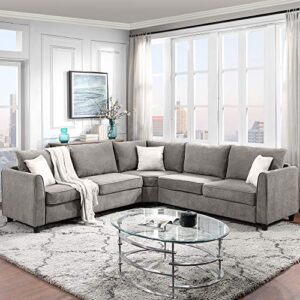 aukuyee modern fabric sectional couch living room, 6-pcs l-shaped corner sofa with 3 pillows, 100 inch, grey