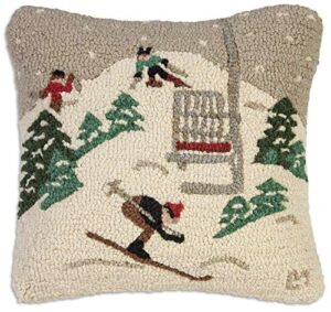 chandler 4 corners artist-designed single chair ski lift hand-hooked wool decorative throw pillow (18” x 18”)