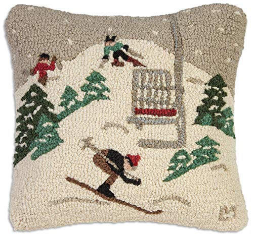 Chandler 4 Corners Artist-Designed Single Chair Ski Lift Hand-Hooked Wool Decorative Throw Pillow (18” x 18”)