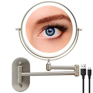 rechargeable lighted makeup mirror wall mount, extendable double side vanity mirror with 10x magnification 3 color lights 8 inch bathroom mirror nickel