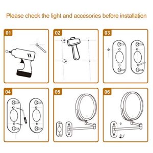 Rechargeable Lighted Makeup Mirror Wall Mount, Extendable Double Side Vanity Mirror with 10X Magnification 3 Color Lights 8 Inch Bathroom Mirror Nickel