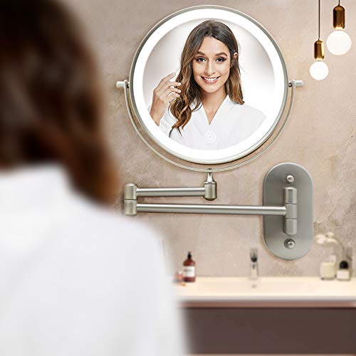 Rechargeable Lighted Makeup Mirror Wall Mount, Extendable Double Side Vanity Mirror with 10X Magnification 3 Color Lights 8 Inch Bathroom Mirror Nickel