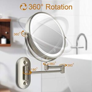 Rechargeable Lighted Makeup Mirror Wall Mount, Extendable Double Side Vanity Mirror with 10X Magnification 3 Color Lights 8 Inch Bathroom Mirror Nickel