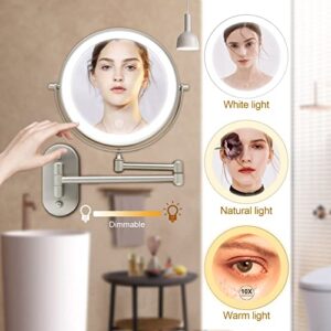 Rechargeable Lighted Makeup Mirror Wall Mount, Extendable Double Side Vanity Mirror with 10X Magnification 3 Color Lights 8 Inch Bathroom Mirror Nickel