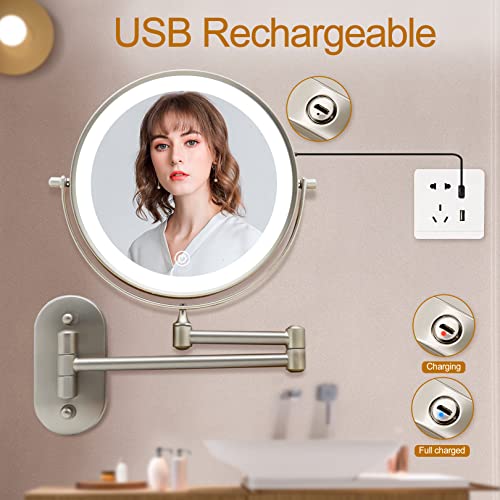 Rechargeable Lighted Makeup Mirror Wall Mount, Extendable Double Side Vanity Mirror with 10X Magnification 3 Color Lights 8 Inch Bathroom Mirror Nickel