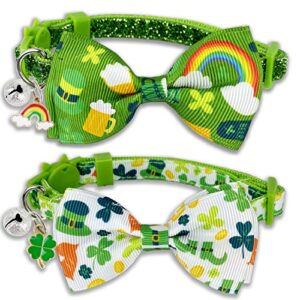 pohshido st. patrick's cat collar with bow tie and bell, kitty kitten breakaway lucky irish shamrock collar for girls and boys male female cats