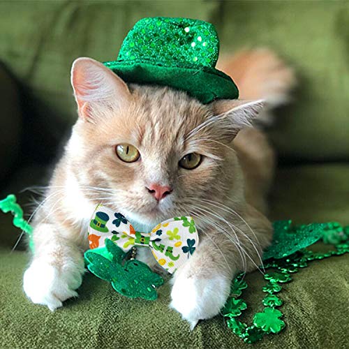 Pohshido St. Patrick's Cat Collar with Bow Tie and Bell, Kitty Kitten Breakaway Lucky Irish Shamrock Collar for Girls and Boys Male Female Cats