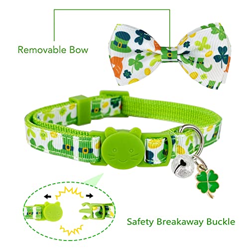 Pohshido St. Patrick's Cat Collar with Bow Tie and Bell, Kitty Kitten Breakaway Lucky Irish Shamrock Collar for Girls and Boys Male Female Cats