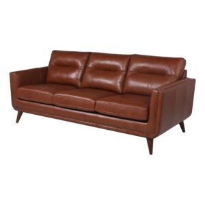 bowery hill mid century top grain leather sofa, 3 seater modern tufted couch with wood legs for living room, camel brown