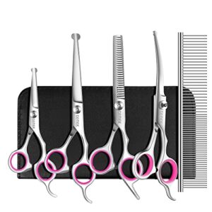gemek dog grooming scissors set, 4cr stainless steel safety round tip pet professional grooming tool 5 pieces kit - straight, curved, thinning shears & comb for dogs, cats and other animals