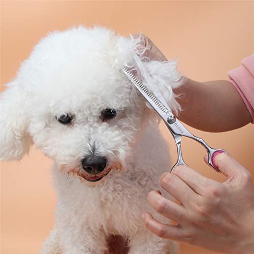 GEMEK Dog Grooming Scissors Set, 4CR Stainless Steel Safety Round Tip Pet Professional Grooming Tool 5 Pieces Kit - Straight, Curved, Thinning Shears & Comb for Dogs, Cats and Other Animals