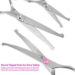 GEMEK Dog Grooming Scissors Set, 4CR Stainless Steel Safety Round Tip Pet Professional Grooming Tool 5 Pieces Kit - Straight, Curved, Thinning Shears & Comb for Dogs, Cats and Other Animals