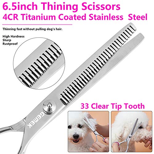 GEMEK Dog Grooming Scissors Set, 4CR Stainless Steel Safety Round Tip Pet Professional Grooming Tool 5 Pieces Kit - Straight, Curved, Thinning Shears & Comb for Dogs, Cats and Other Animals