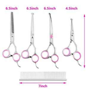 GEMEK Dog Grooming Scissors Set, 4CR Stainless Steel Safety Round Tip Pet Professional Grooming Tool 5 Pieces Kit - Straight, Curved, Thinning Shears & Comb for Dogs, Cats and Other Animals